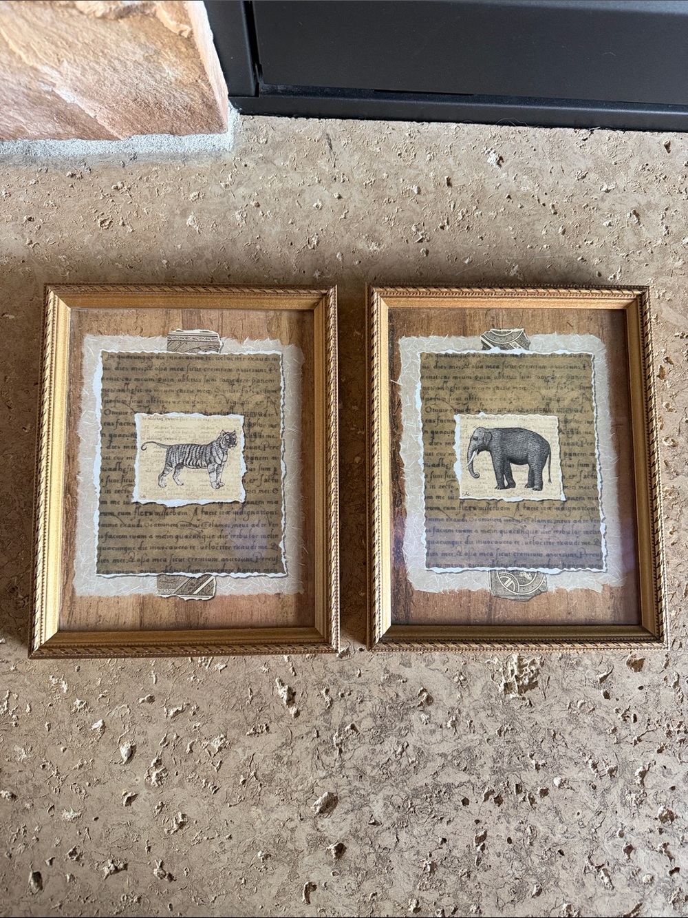 Gold-Toned Animal Print Wall Frames – Tiger & Elephant Set - like new